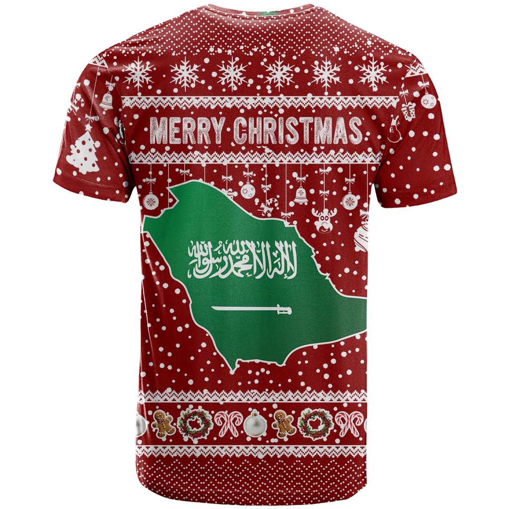 Saudi Arabia Christmas T Shirt with Red Festive Pattern, National Emblem with Palm and Swords, and Map Motif - Wonder Print Shop