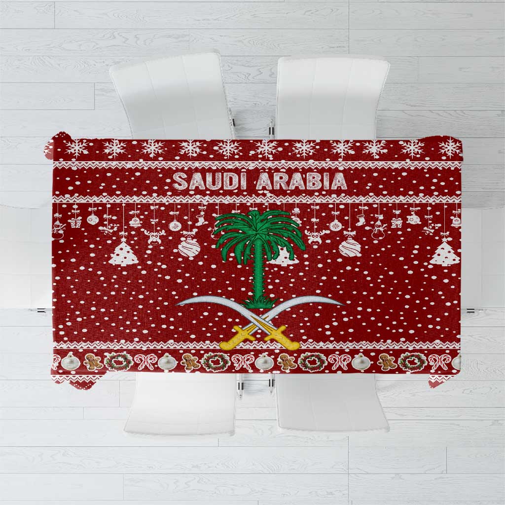 Saudi Arabia Christmas Tablecloth with Red Festive Pattern, National Emblem with Palm and Swords, and Map Motif - Wonder Print Shop