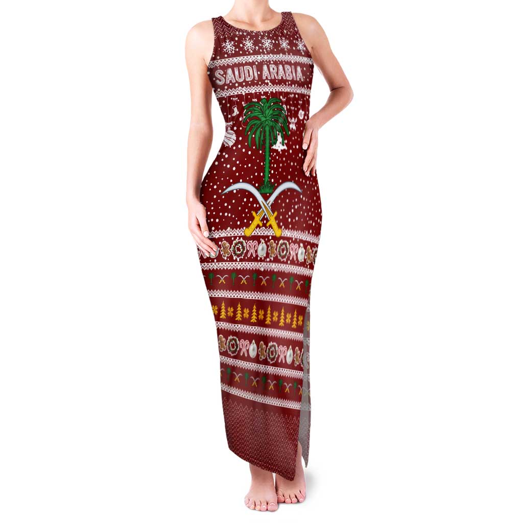 Saudi Arabia Christmas Tank Maxi Dress with Red Festive Pattern, National Emblem with Palm and Swords, and Map Motif - Wonder Print Shop