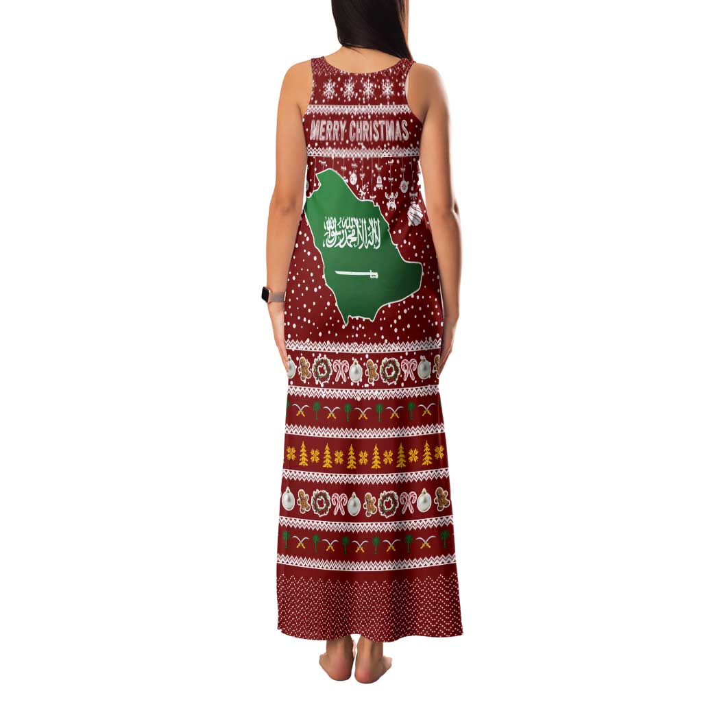 Saudi Arabia Christmas Tank Maxi Dress with Red Festive Pattern, National Emblem with Palm and Swords, and Map Motif - Wonder Print Shop