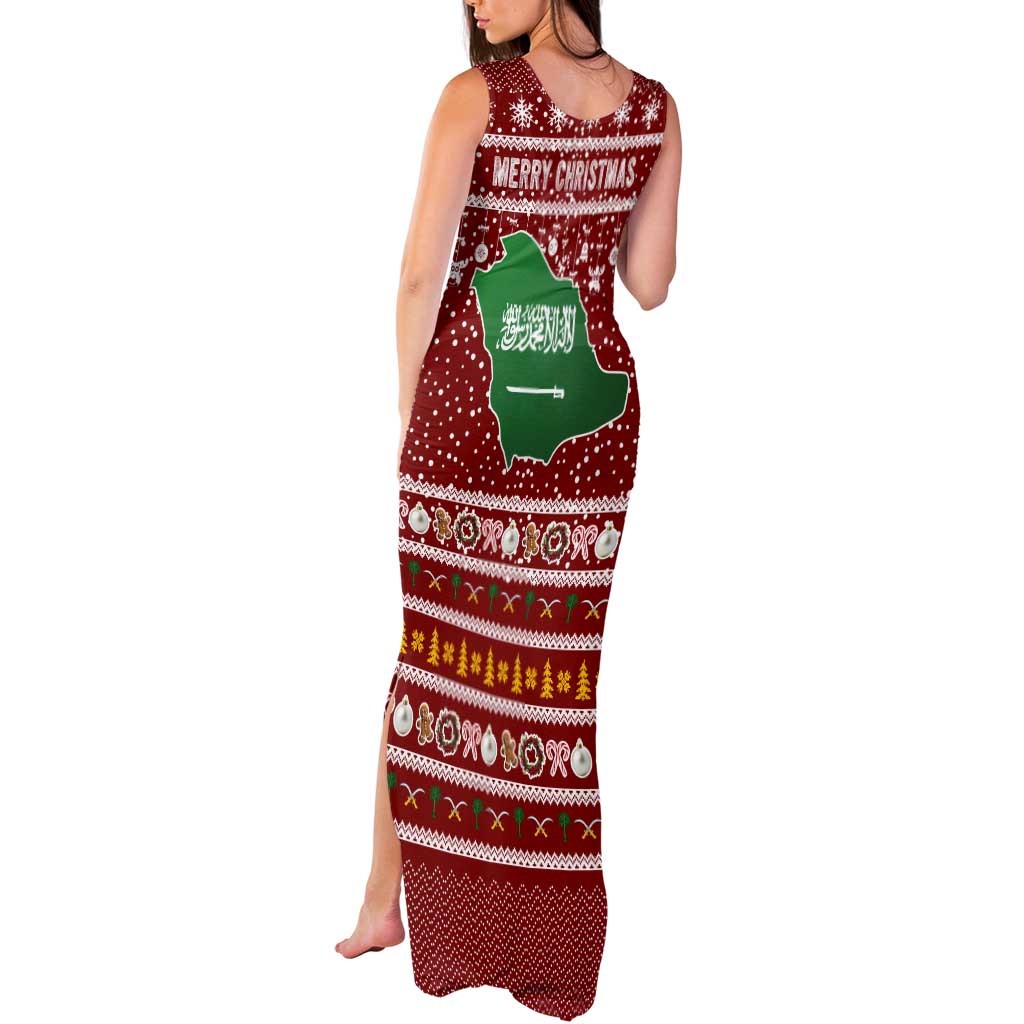 Saudi Arabia Christmas Tank Maxi Dress with Red Festive Pattern, National Emblem with Palm and Swords, and Map Motif - Wonder Print Shop