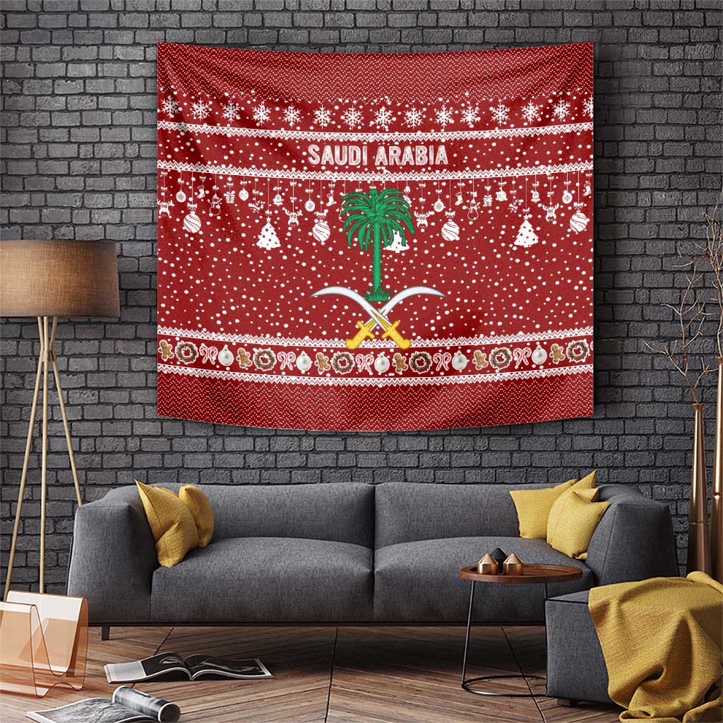 Saudi Arabia Christmas Tapestry with Red Festive Pattern, National Emblem with Palm and Swords, and Map Motif - Wonder Print Shop