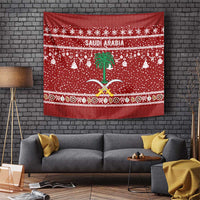 Saudi Arabia Christmas Tapestry with Red Festive Pattern, National Emblem with Palm and Swords, and Map Motif - Wonder Print Shop