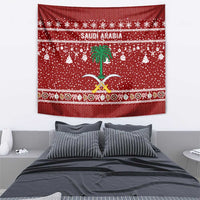 Saudi Arabia Christmas Tapestry with Red Festive Pattern, National Emblem with Palm and Swords, and Map Motif - Wonder Print Shop