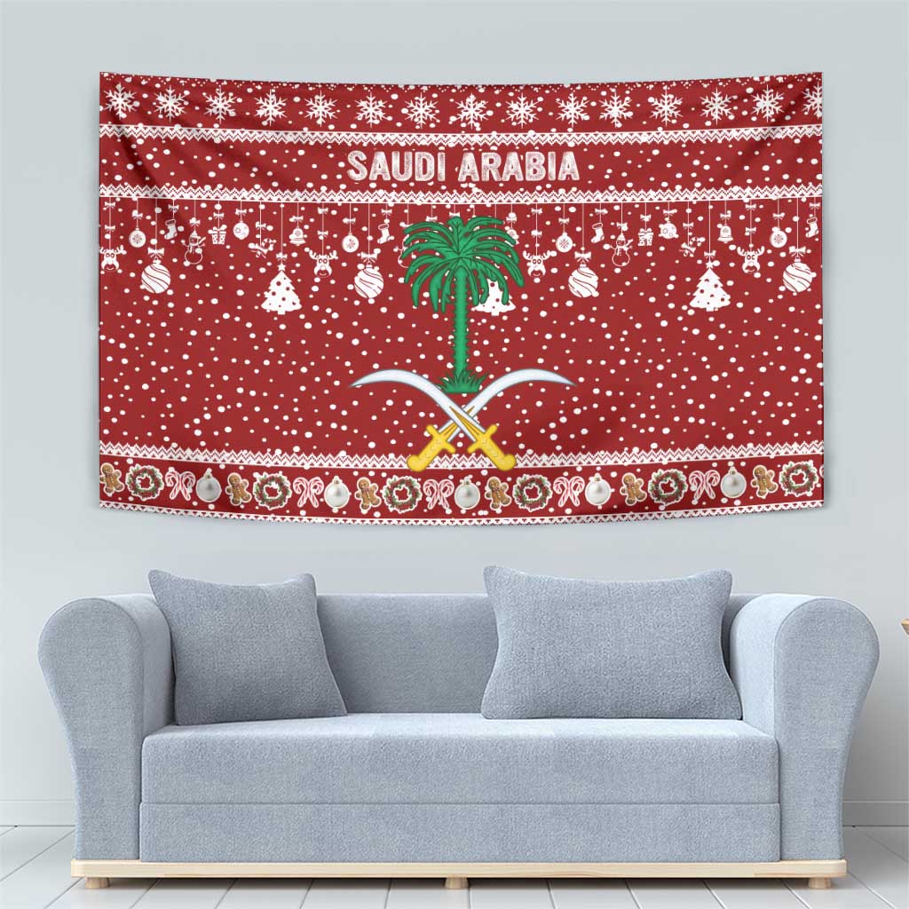 Saudi Arabia Christmas Tapestry with Red Festive Pattern, National Emblem with Palm and Swords, and Map Motif - Wonder Print Shop
