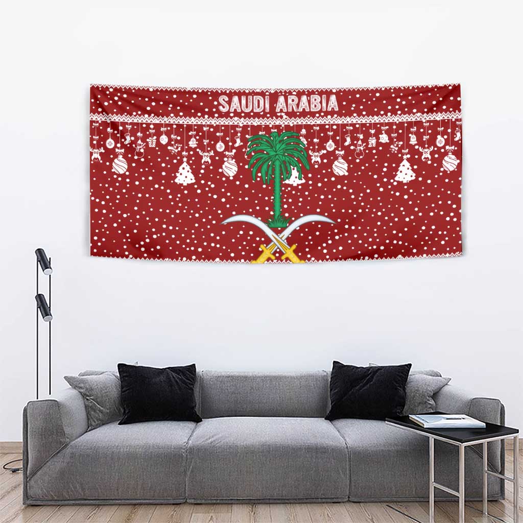 Saudi Arabia Christmas Tapestry with Red Festive Pattern, National Emblem with Palm and Swords, and Map Motif - Wonder Print Shop