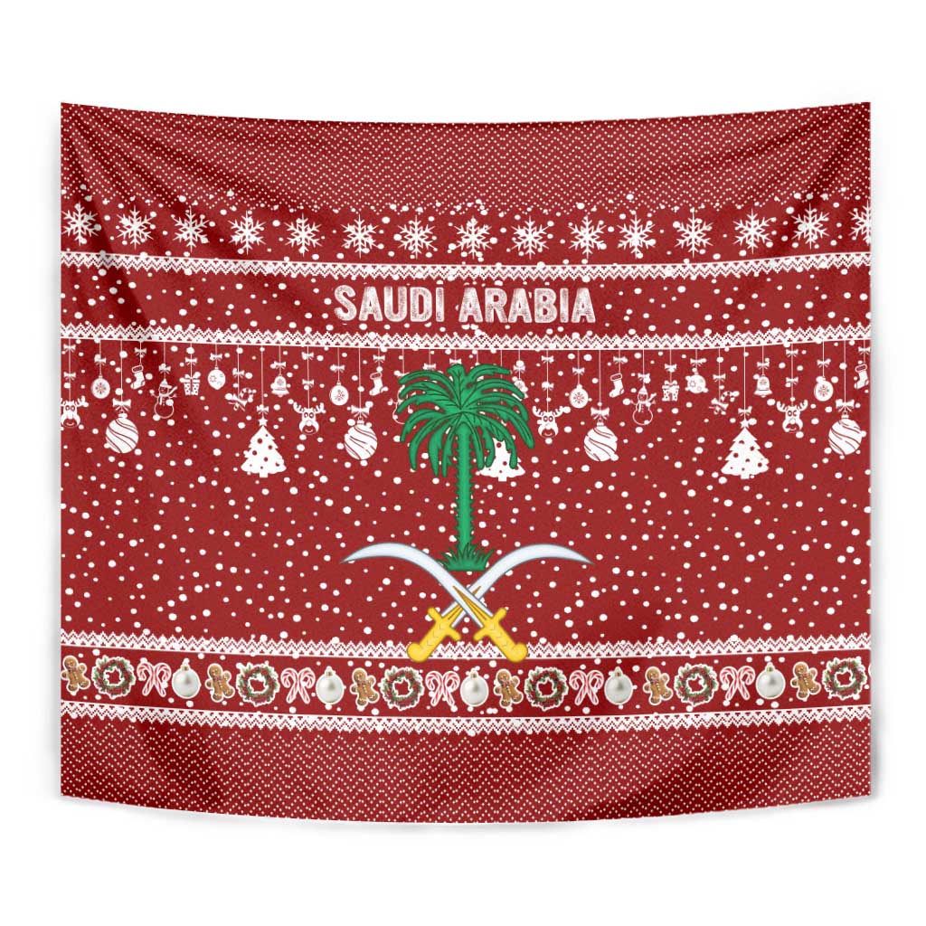 Saudi Arabia Christmas Tapestry with Red Festive Pattern, National Emblem with Palm and Swords, and Map Motif - Wonder Print Shop