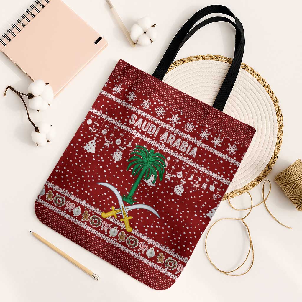 Saudi Arabia Christmas Tote Bag with Red Festive Pattern, National Emblem with Palm and Swords, and Map Motif - Wonder Print Shop