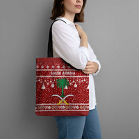 Saudi Arabia Christmas Tote Bag with Red Festive Pattern, National Emblem with Palm and Swords, and Map Motif - Wonder Print Shop
