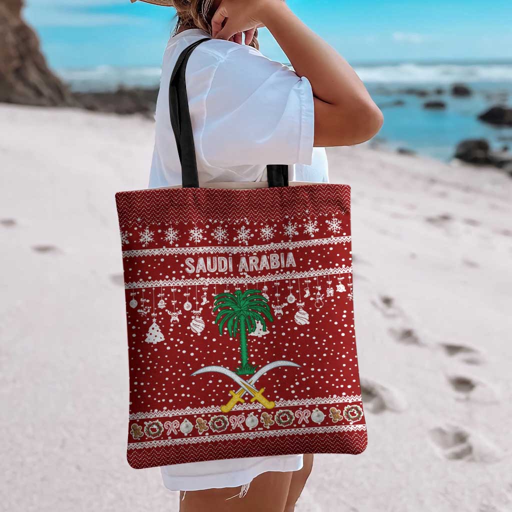 Saudi Arabia Christmas Tote Bag with Red Festive Pattern, National Emblem with Palm and Swords, and Map Motif - Wonder Print Shop