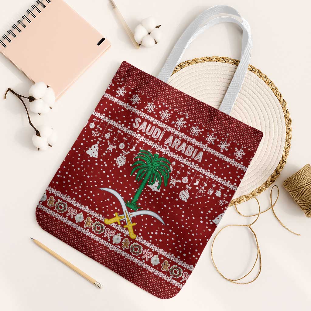 Saudi Arabia Christmas Tote Bag with Red Festive Pattern, National Emblem with Palm and Swords, and Map Motif - Wonder Print Shop
