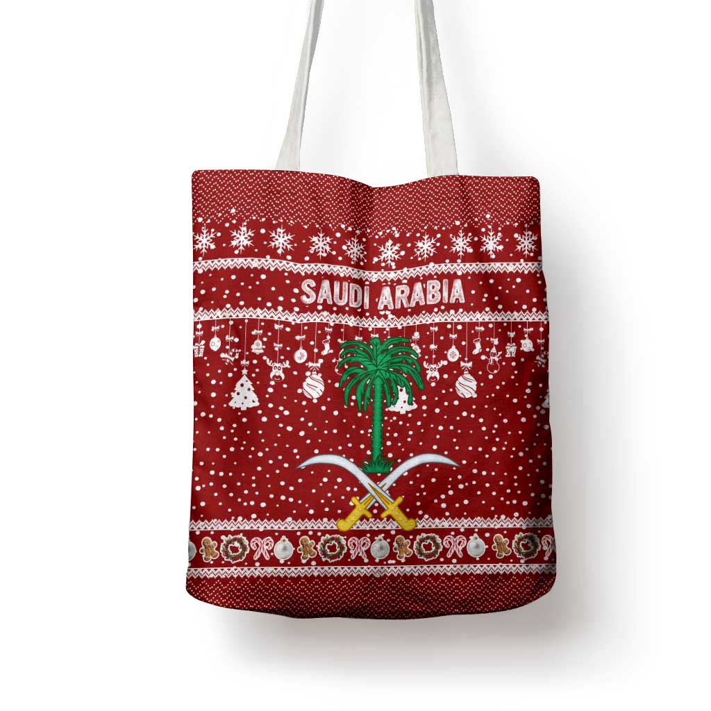 Saudi Arabia Christmas Tote Bag with Red Festive Pattern, National Emblem with Palm and Swords, and Map Motif - Wonder Print Shop