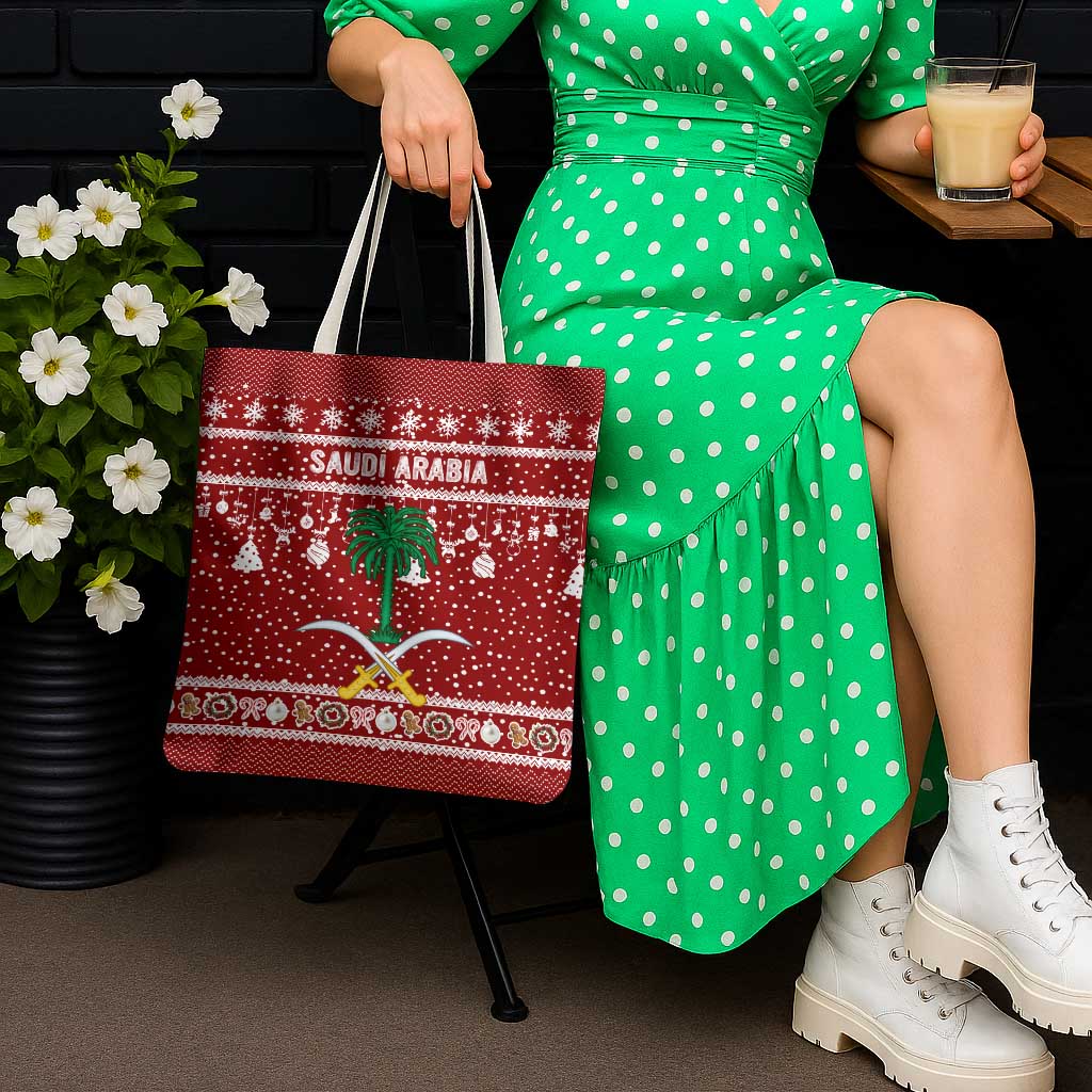 Saudi Arabia Christmas Tote Bag with Red Festive Pattern, National Emblem with Palm and Swords, and Map Motif - Wonder Print Shop