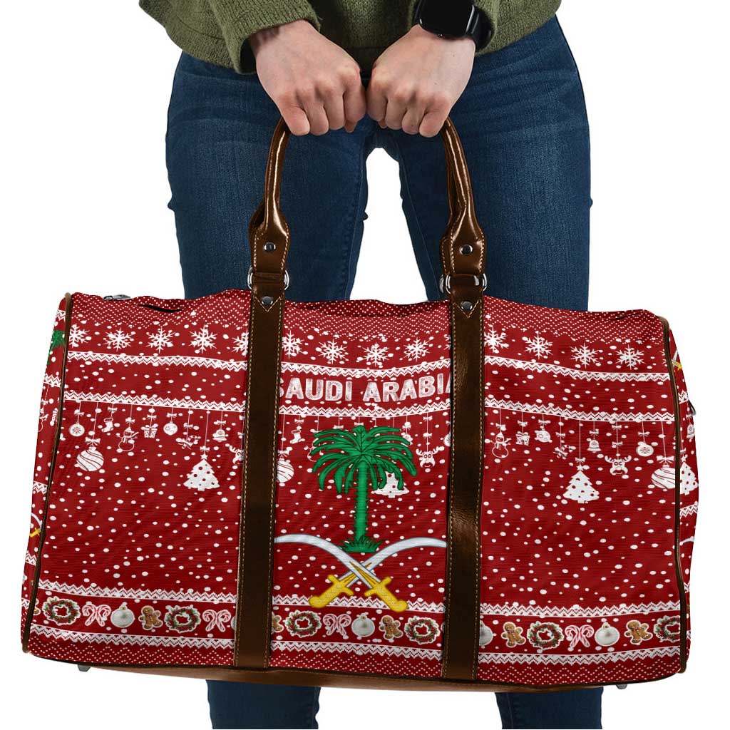 Saudi Arabia Christmas Travel Bag with Red Festive Pattern, National Emblem with Palm and Swords, and Map Motif - Wonder Print Shop