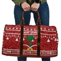 Saudi Arabia Christmas Travel Bag with Red Festive Pattern, National Emblem with Palm and Swords, and Map Motif - Wonder Print Shop