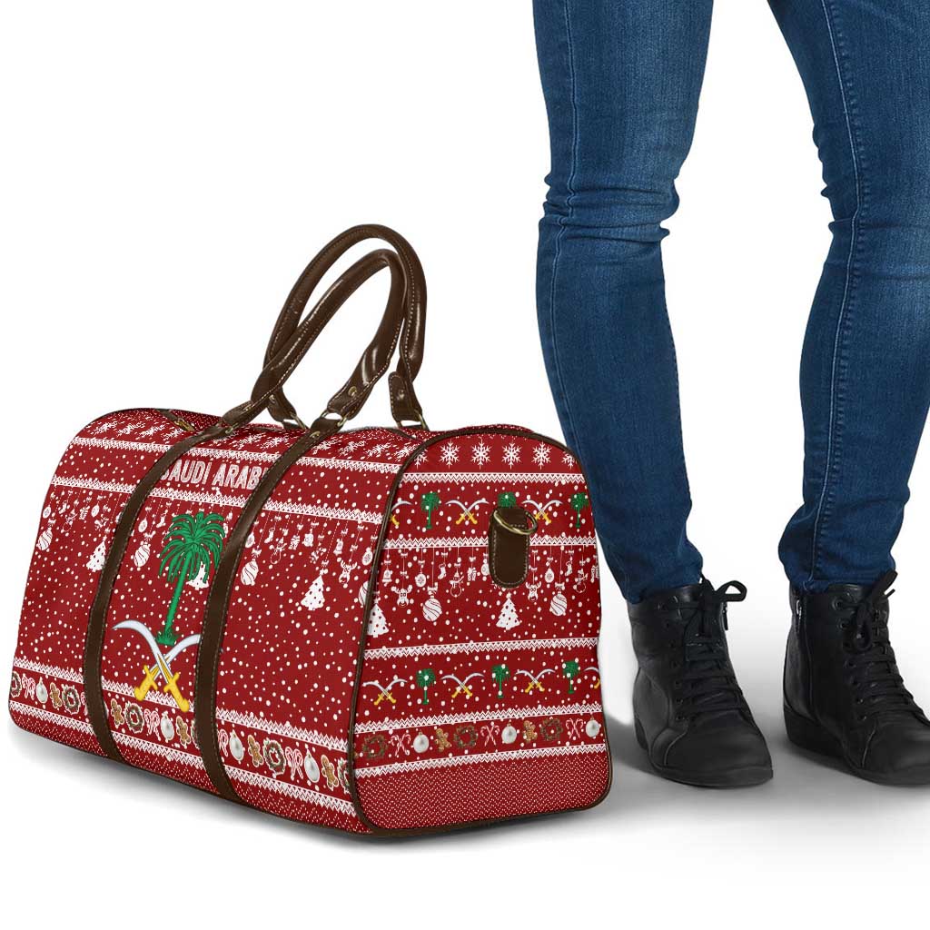 Saudi Arabia Christmas Travel Bag with Red Festive Pattern, National Emblem with Palm and Swords, and Map Motif - Wonder Print Shop