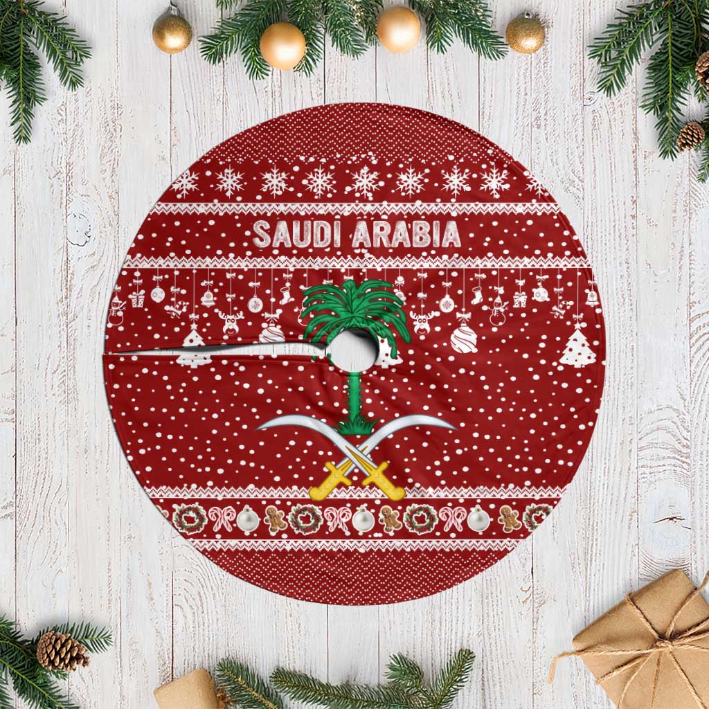 Saudi Arabia Christmas Tree Skirt with Red Festive Pattern, National Emblem with Palm and Swords, and Map Motif - Wonder Print Shop