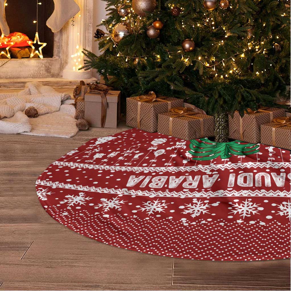 Saudi Arabia Christmas Tree Skirt with Red Festive Pattern, National Emblem with Palm and Swords, and Map Motif - Wonder Print Shop