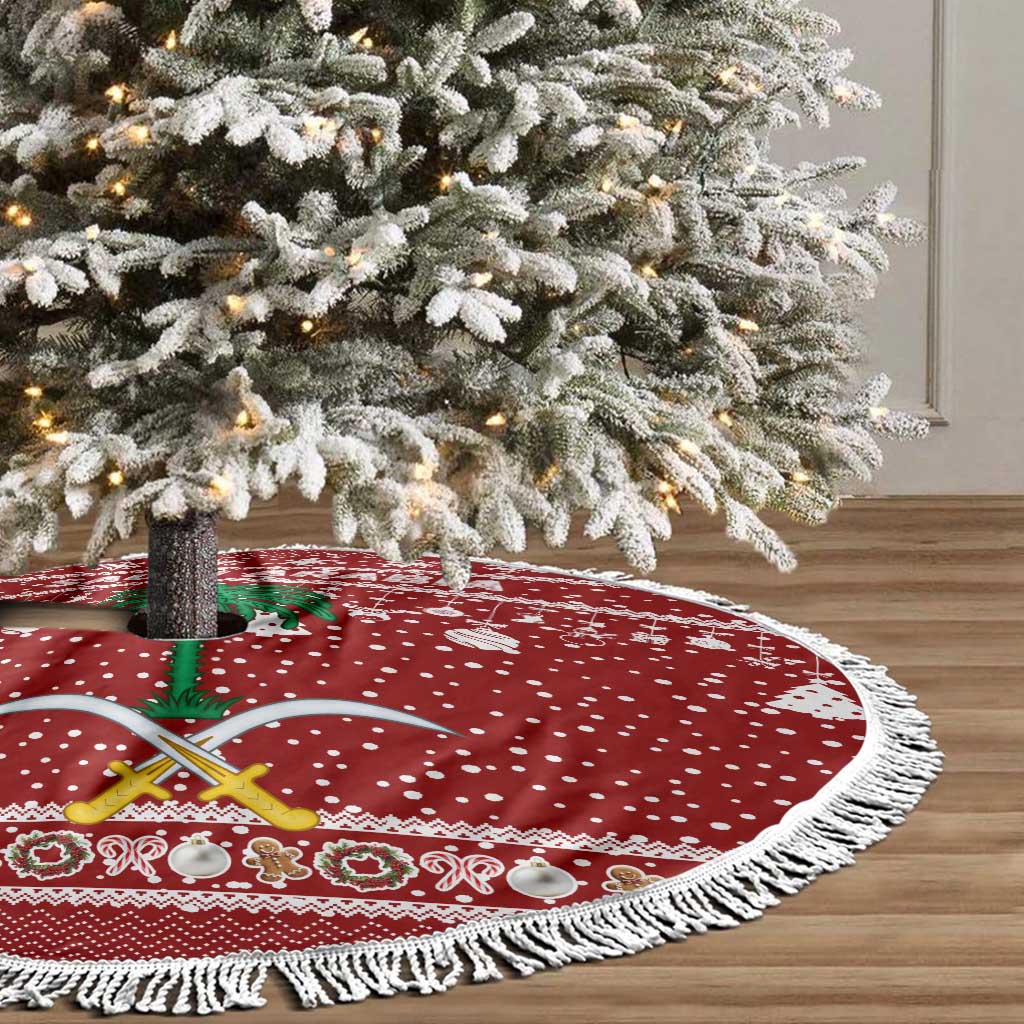 Saudi Arabia Christmas Tree Skirt with Red Festive Pattern, National Emblem with Palm and Swords, and Map Motif - Wonder Print Shop