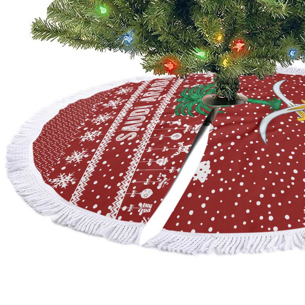 Saudi Arabia Christmas Tree Skirt with Red Festive Pattern, National Emblem with Palm and Swords, and Map Motif - Wonder Print Shop
