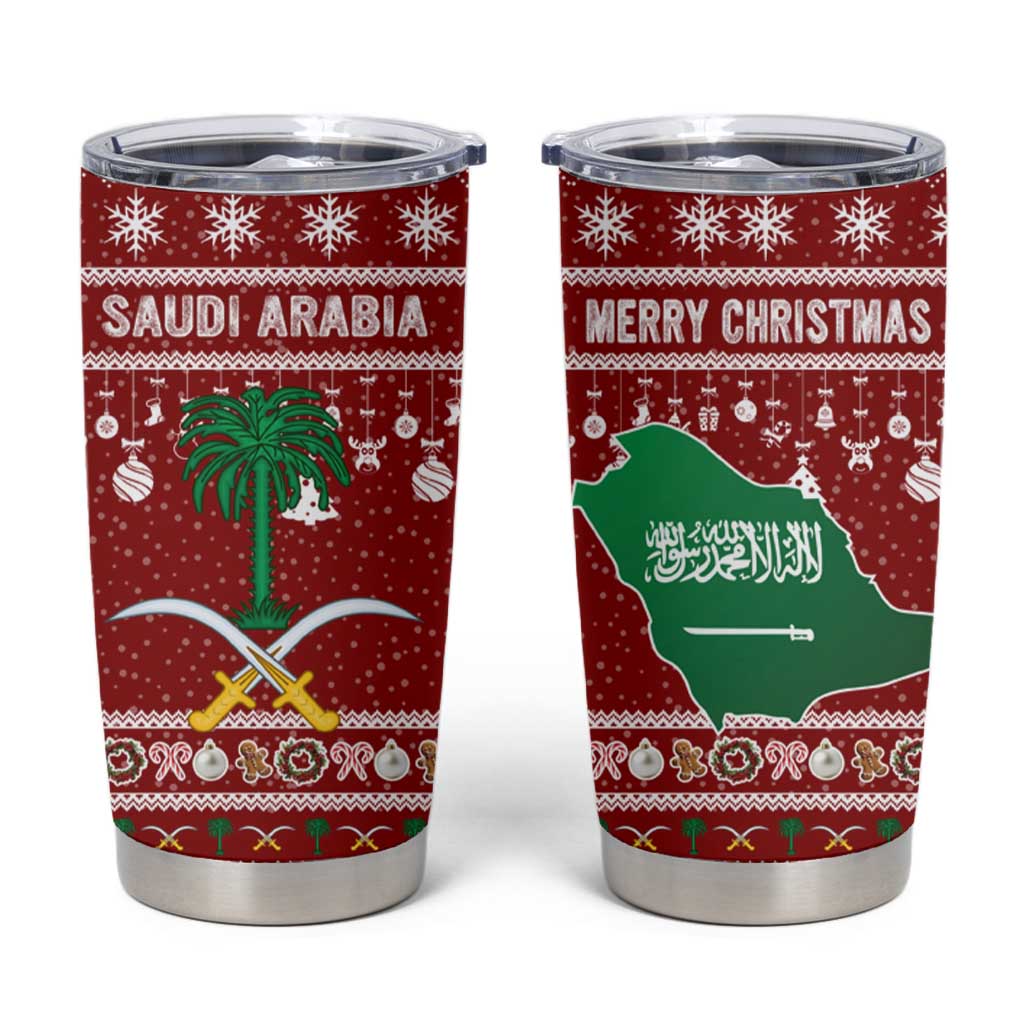 Saudi Arabia Christmas Tumbler Cup with Red Festive Pattern, National Emblem with Palm and Swords, and Map Motif - Wonder Print Shop