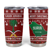 Saudi Arabia Christmas Tumbler Cup with Red Festive Pattern, National Emblem with Palm and Swords, and Map Motif - Wonder Print Shop