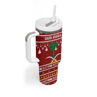 Saudi Arabia Christmas Tumbler With Handle with Red Festive Pattern, National Emblem with Palm and Swords, and Map Motif - Wonder Print Shop