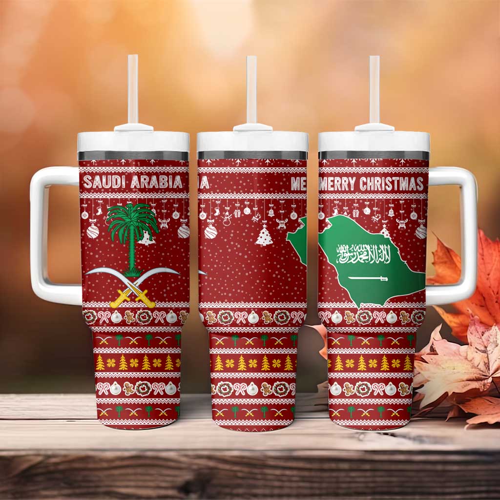 Saudi Arabia Christmas Tumbler With Handle with Red Festive Pattern, National Emblem with Palm and Swords, and Map Motif - Wonder Print Shop