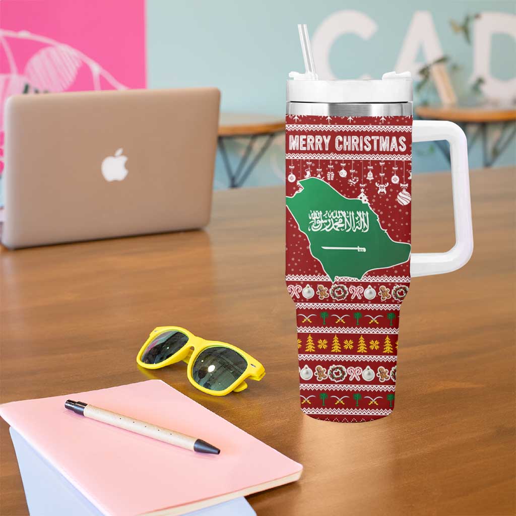 Saudi Arabia Christmas Tumbler With Handle with Red Festive Pattern, National Emblem with Palm and Swords, and Map Motif - Wonder Print Shop