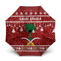 Saudi Arabia Christmas Umbrella with Red Festive Pattern, National Emblem with Palm and Swords, and Map Motif - Wonder Print Shop