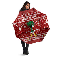 Saudi Arabia Christmas Umbrella with Red Festive Pattern, National Emblem with Palm and Swords, and Map Motif - Wonder Print Shop