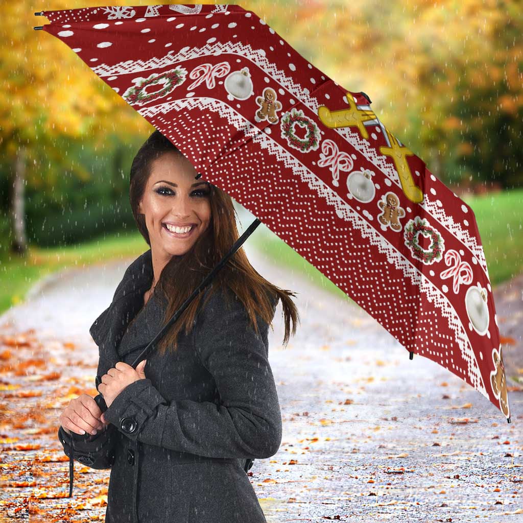 Saudi Arabia Christmas Umbrella with Red Festive Pattern, National Emblem with Palm and Swords, and Map Motif - Wonder Print Shop