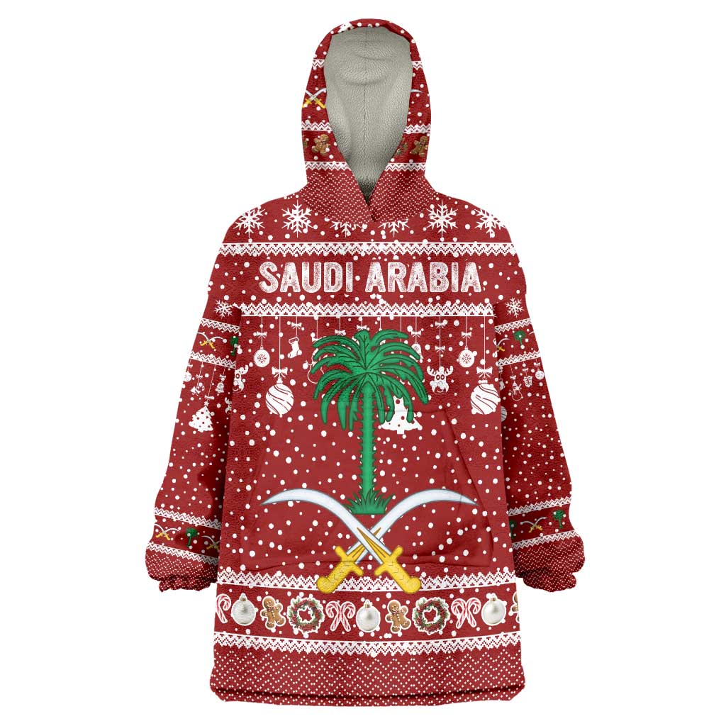 Saudi Arabia Christmas Wearable Blanket Hoodie with Red Festive Pattern, National Emblem with Palm and Swords, and Map Motif - Wonder Print Shop