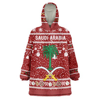 Saudi Arabia Christmas Wearable Blanket Hoodie with Red Festive Pattern, National Emblem with Palm and Swords, and Map Motif - Wonder Print Shop