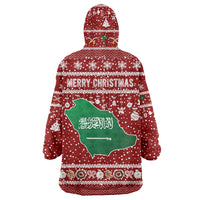 Saudi Arabia Christmas Wearable Blanket Hoodie with Red Festive Pattern, National Emblem with Palm and Swords, and Map Motif - Wonder Print Shop