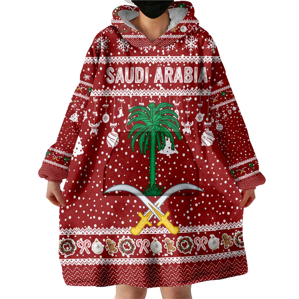 Saudi Arabia Christmas Wearable Blanket Hoodie with Red Festive Pattern, National Emblem with Palm and Swords, and Map Motif - Wonder Print Shop