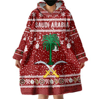 Saudi Arabia Christmas Wearable Blanket Hoodie with Red Festive Pattern, National Emblem with Palm and Swords, and Map Motif - Wonder Print Shop