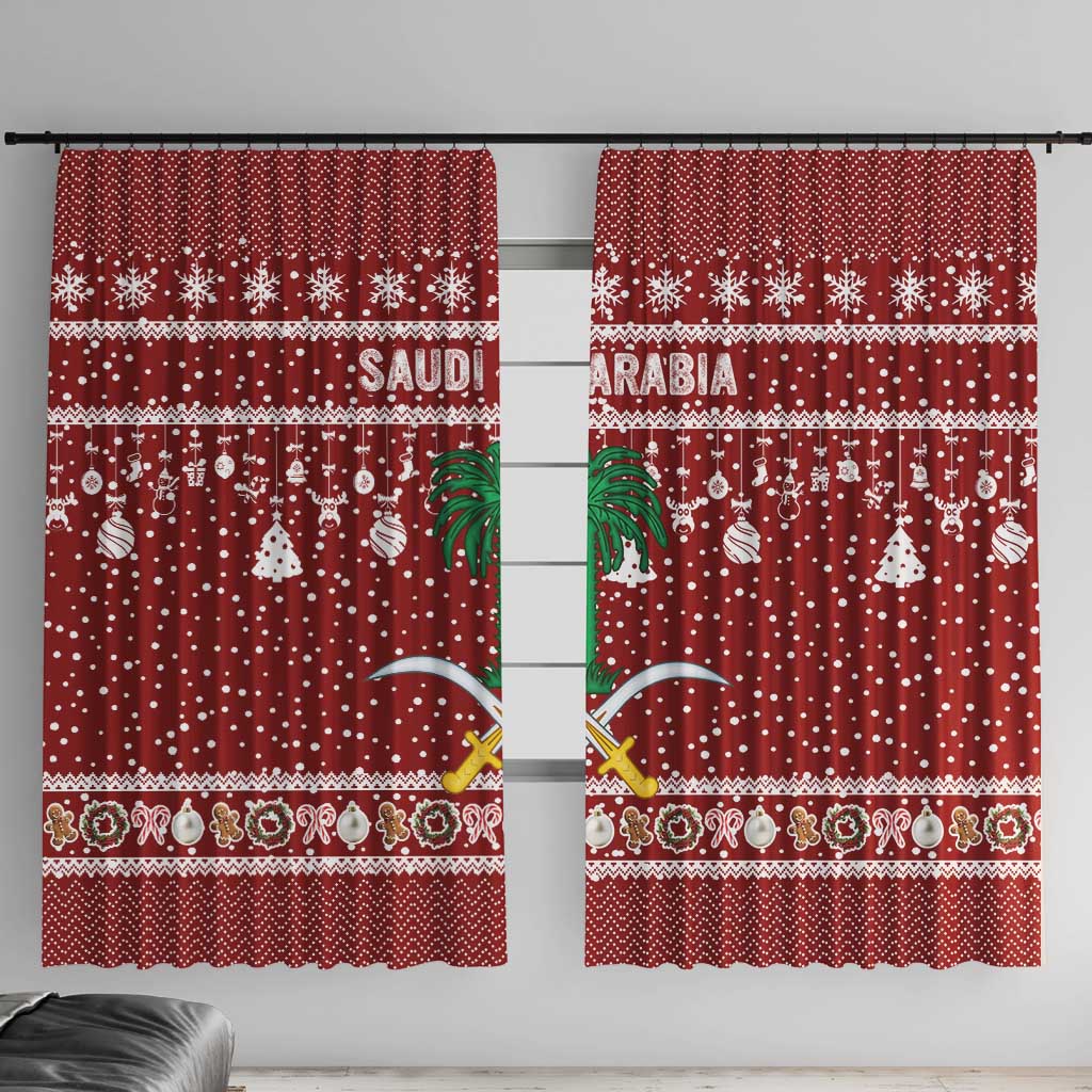 Saudi Arabia Christmas Window Curtain with Red Festive Pattern, National Emblem with Palm and Swords, and Map Motif - Wonder Print Shop