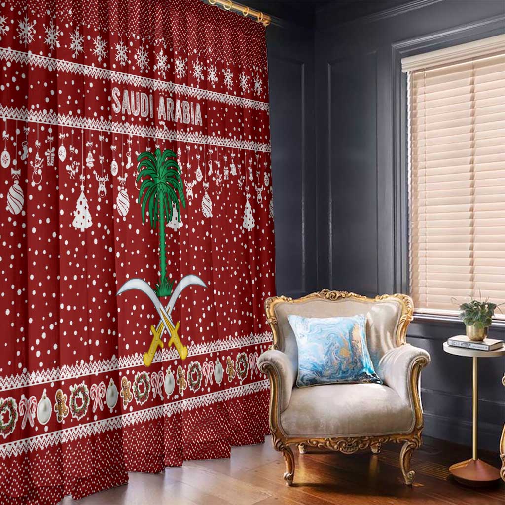 Saudi Arabia Christmas Window Curtain with Red Festive Pattern, National Emblem with Palm and Swords, and Map Motif - Wonder Print Shop