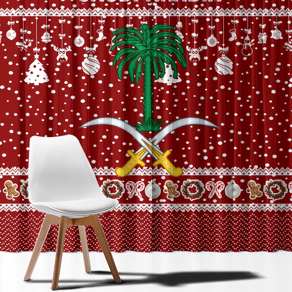 Saudi Arabia Christmas Window Curtain with Red Festive Pattern, National Emblem with Palm and Swords, and Map Motif - Wonder Print Shop
