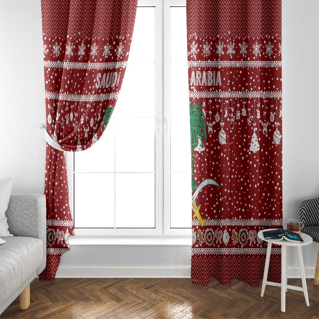 Saudi Arabia Christmas Window Curtain with Red Festive Pattern, National Emblem with Palm and Swords, and Map Motif - Wonder Print Shop