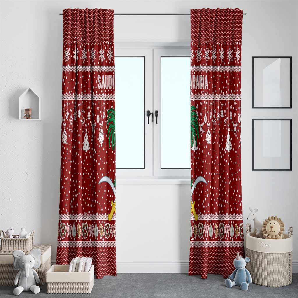Saudi Arabia Christmas Window Curtain with Red Festive Pattern, National Emblem with Palm and Swords, and Map Motif - Wonder Print Shop