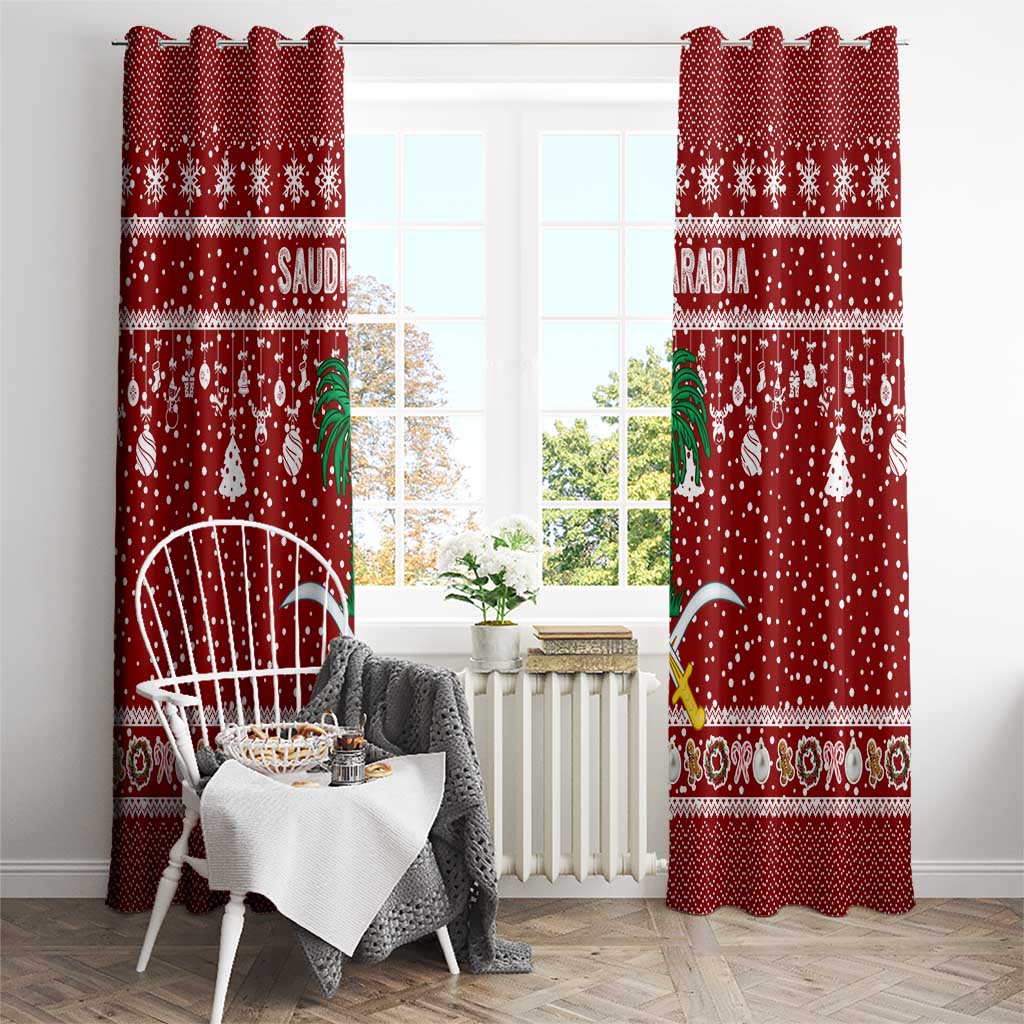 Saudi Arabia Christmas Window Curtain with Red Festive Pattern, National Emblem with Palm and Swords, and Map Motif - Wonder Print Shop