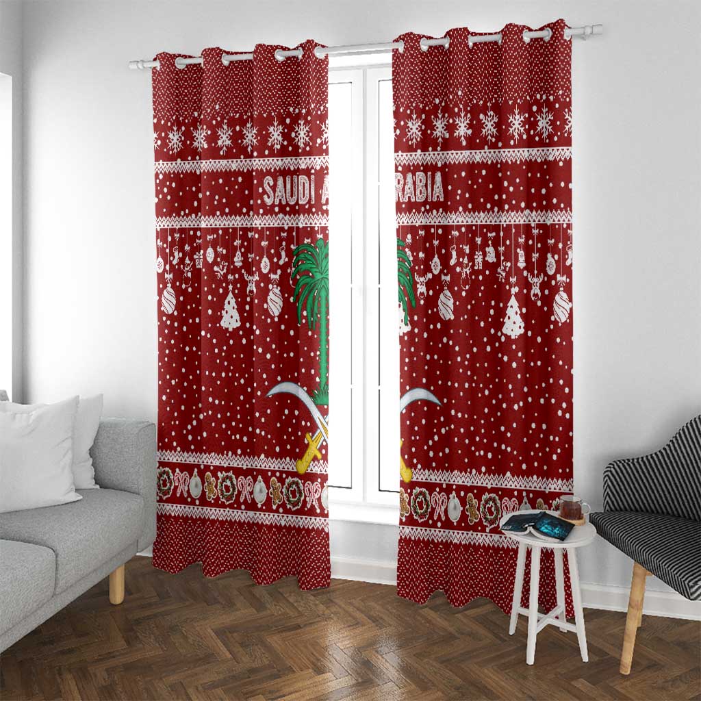 Saudi Arabia Christmas Window Curtain with Red Festive Pattern, National Emblem with Palm and Swords, and Map Motif - Wonder Print Shop