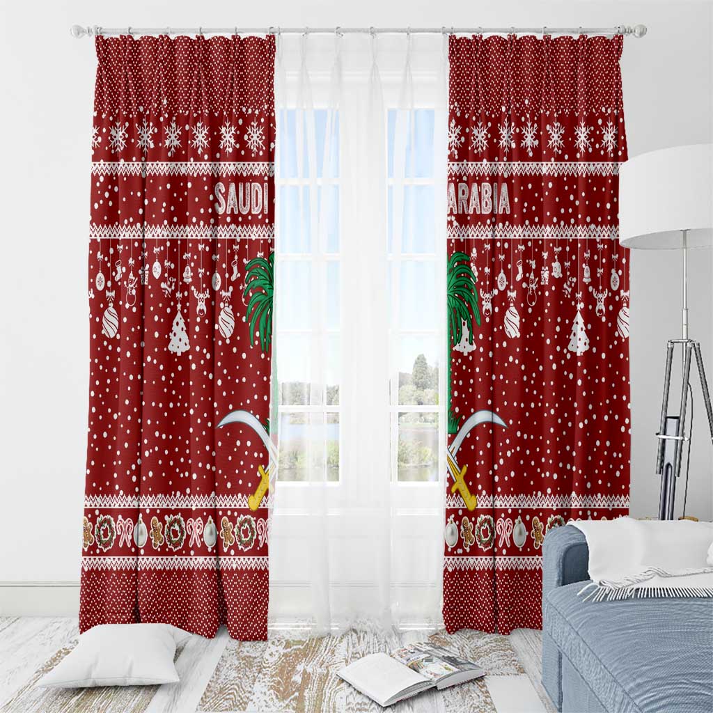 Saudi Arabia Christmas Window Curtain with Red Festive Pattern, National Emblem with Palm and Swords, and Map Motif - Wonder Print Shop