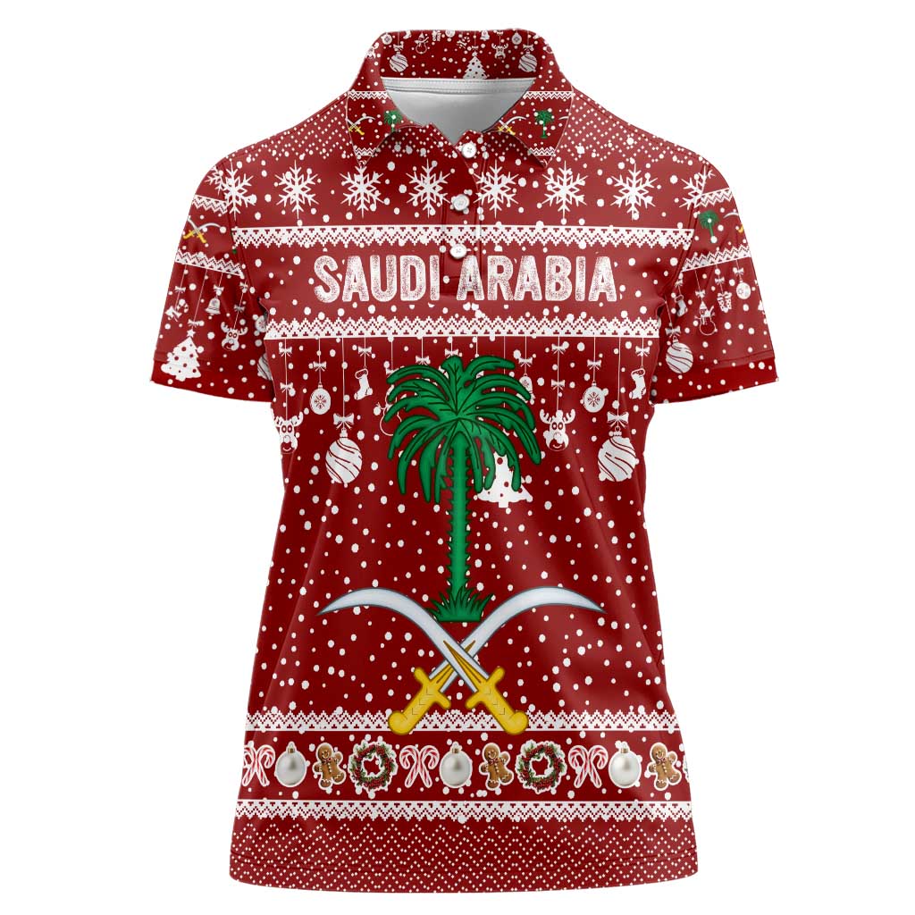 Saudi Arabia Christmas Women Polo Shirt with Red Festive Pattern, National Emblem with Palm and Swords, and Map Motif - Wonder Print Shop