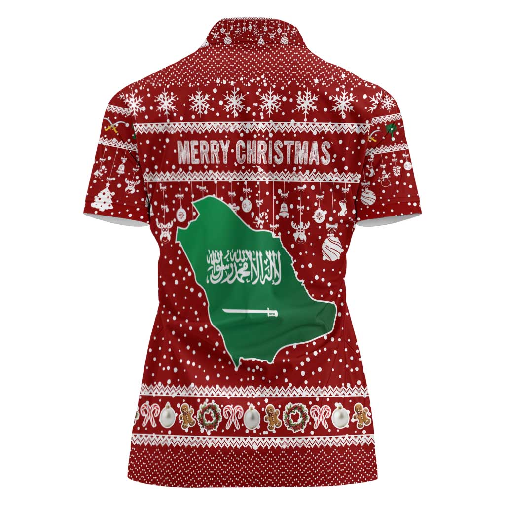 Saudi Arabia Christmas Women Polo Shirt with Red Festive Pattern, National Emblem with Palm and Swords, and Map Motif - Wonder Print Shop