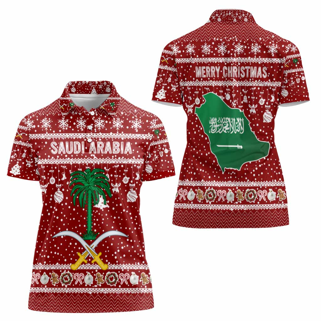 Saudi Arabia Christmas Women Polo Shirt with Red Festive Pattern, National Emblem with Palm and Swords, and Map Motif - Wonder Print Shop
