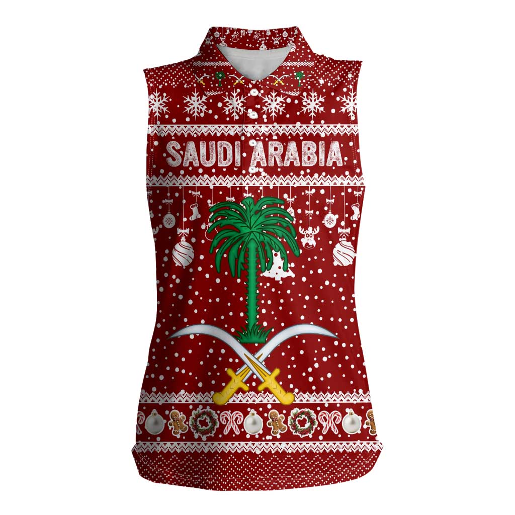 Saudi Arabia Christmas Women Sleeveless Polo Shirt with Red Festive Pattern, National Emblem with Palm and Swords, and Map Motif - Wonder Print Shop