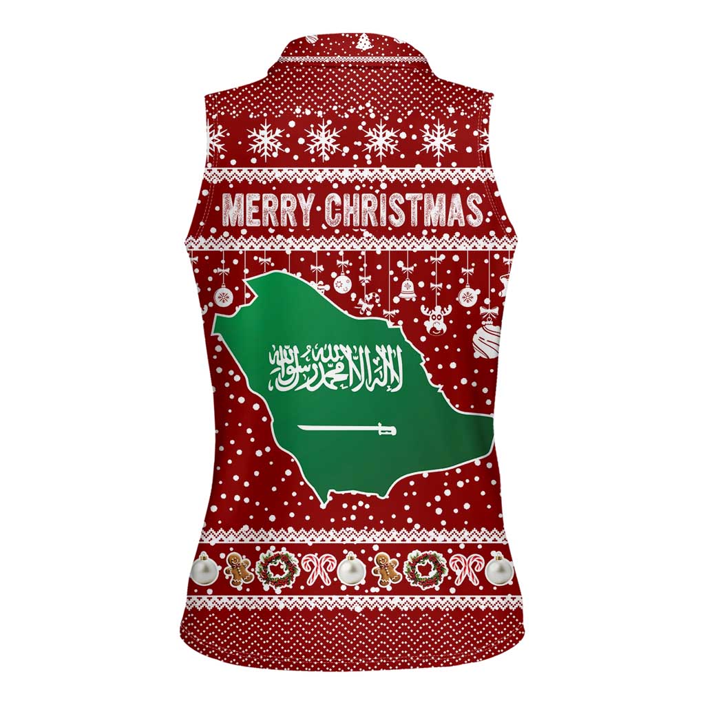 Saudi Arabia Christmas Women Sleeveless Polo Shirt with Red Festive Pattern, National Emblem with Palm and Swords, and Map Motif - Wonder Print Shop